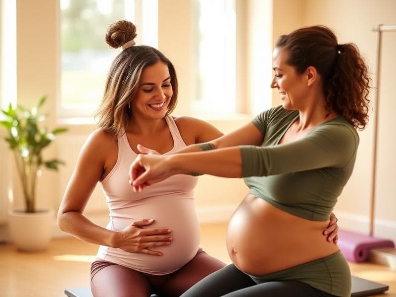 Instrutora de Pilates auxiliando gestante durante exercício. Instrutora de Pilates auxiliando gestante durante exercício, no Menino Deus, em Porto Alegre.