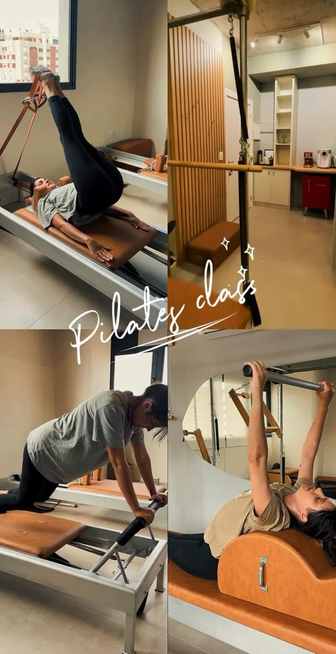 Aluna em aparelho Reformer no Studio Hera — Pilates Clássico em Porto Alegre. Aluna em aparelho Reformer durante aula de Pilates Clássico no Studio Hera, Menino Deus, Porto Alegre.